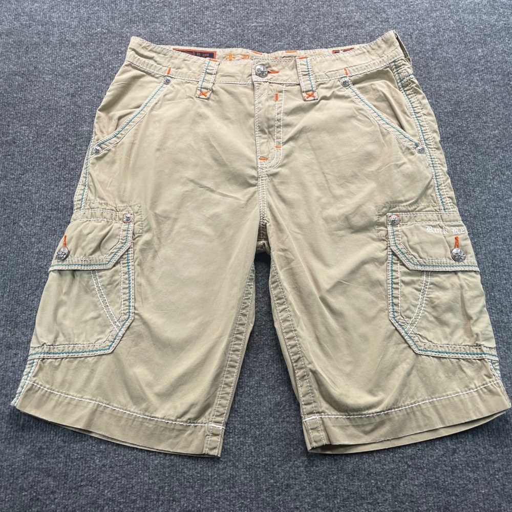 Rock Revival Cargo Shorts Mens 34 Khaki Classic Contrast Stitch Embroidered